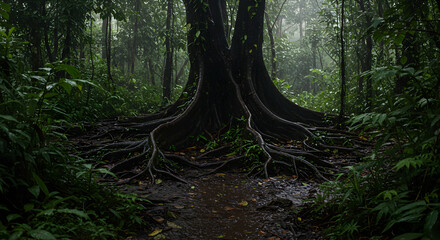 Fototapeta premium Mystical Roots Of Ancient Tree In Lush Rainforest Setting Outdoors