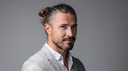 Portrait of a Handsome Man with Stylish Hair and Elegant Western-European Fashion Standing Against a Plain Grey Background in Professional Shot