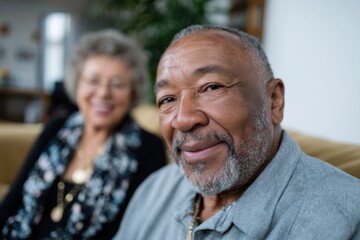 A smiling senior couple comfortably sitting together on a cozy couch, showcasing love and companionship in a warm and inviting home setting.