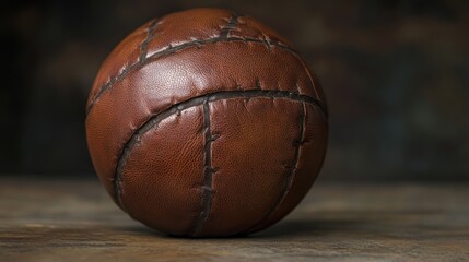 Vintage brown leather stitched ball on wood.