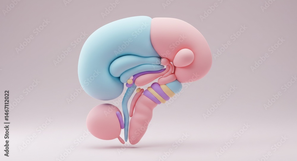 Poster stylized 3d render of a brain's internal structures in pastel colors