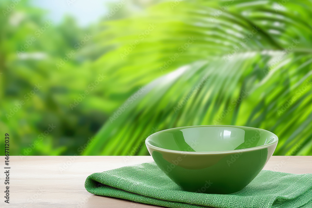 Poster a vibrant green bowl resting on a rustic table surrounded by natural light highlighting its unique t