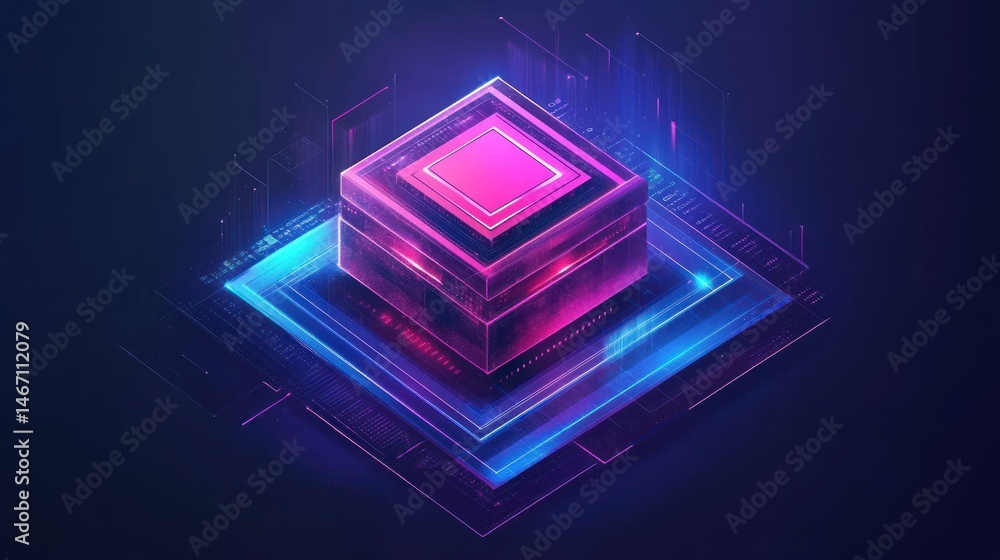 Poster futuristic glowing cube on a circuit board, representing technology and innovation.