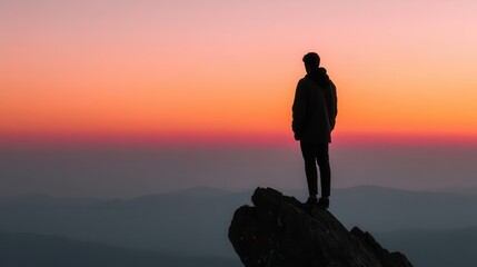Obraz premium Silhouetted figure on a mountaintop at sunrise.