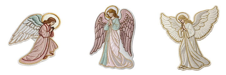  Set of A embroidered patch badge angel isolated on a transparent background.