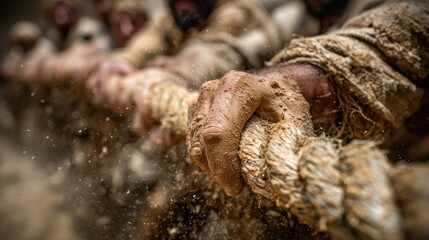 Hands grip rope in tug-of-war, intense competition