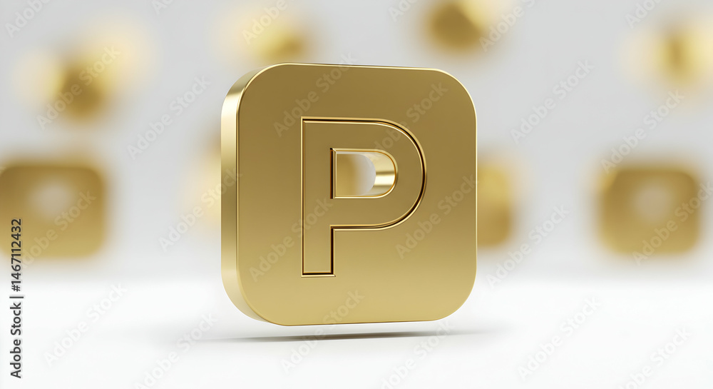 Poster golden letter p icon on square shape with bokeh background