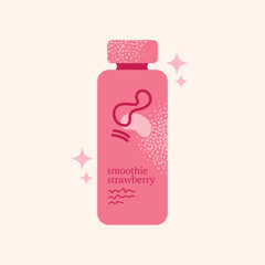 Strawberry smoothie bottle. Pilates girl and yoga equipment, water bottle, and activewear. Vector illustration isolated pink background