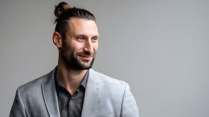 Obraz premium Stylish Man with Bun Posing in a Trendy Blazer A Blend of Contemporary Fashion and Western European Cultural Aesthetics