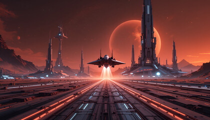 Futuristic Spaceport on Mars with Sleek Ships and Towering Control Structures at Dusk