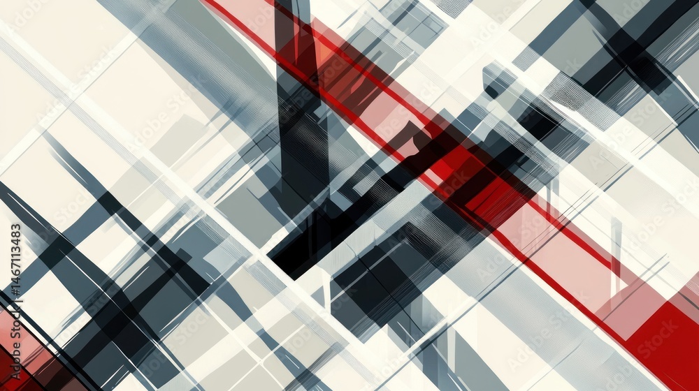 Poster abstract geometric design with red, gray, and white intersecting lines and shapes.