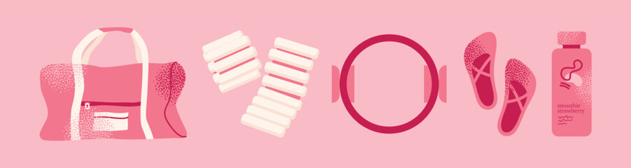 Pilates girl and yoga equipment reformer, mat, pilates ring, ball, blocks, water bottle, smoothie, resistance bands, headphones, gym bag, and activewear. Vector illustration isolated pink background