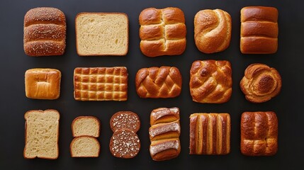 Various breads are arranged neatly on a dark background. It is ideal for food blog, restaurant menu, or recipes.
