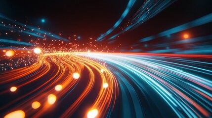 Obraz premium Abstract glowing light trails forming a dynamic curve in dark space.