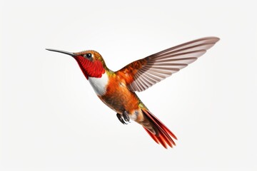 Fototapeta premium A vibrant rufous hummingbird in flight showcasing its iridescent feathers against a pure white