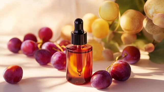 A bottle of perfume is on a table next to a bunch of grapes. The bottle is half full and the grapes are red