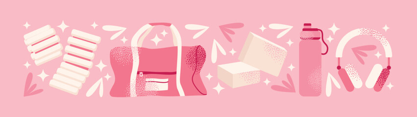 Pilates girl and yoga equipment reformer, mat, pilates ring, ball, blocks, water bottle, smoothie, resistance bands, headphones, gym bag, and activewear. Vector illustration isolated pink background