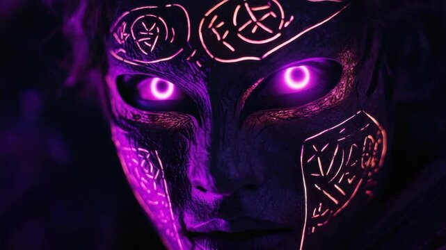 Ethereal figure with glowing purple eyes showcasing mystical mask  