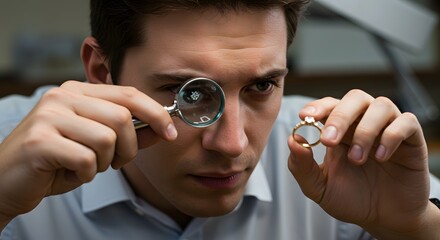 Jeweler Examining Diamond Ring with Magnifying Glass Quality Control, Jewelry Appraisal, Craftsmanship, and Gemstone Inspection.