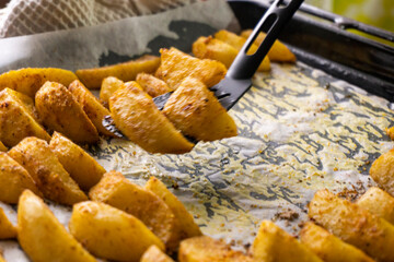 Fried potato wedges. Food. Fast food. Diet