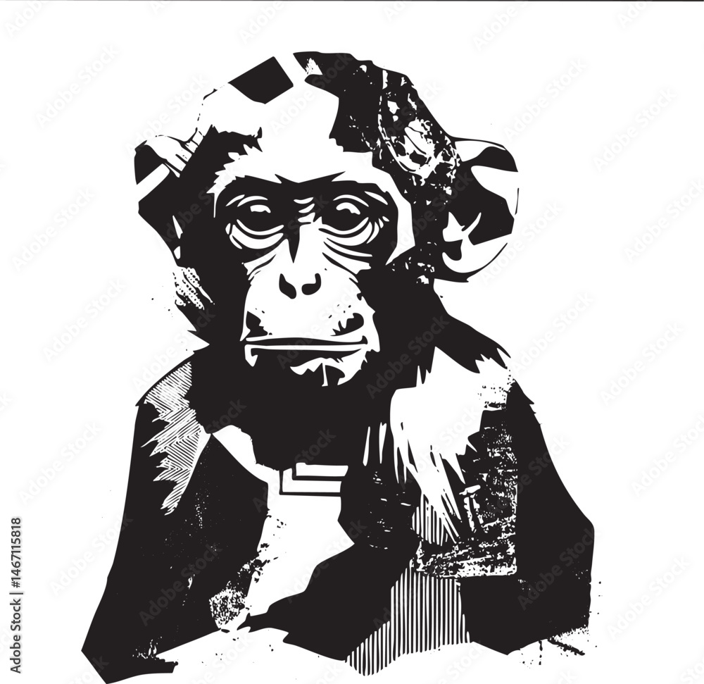 Poster a focused monkey gazes directly at the viewer with intense eyes.
