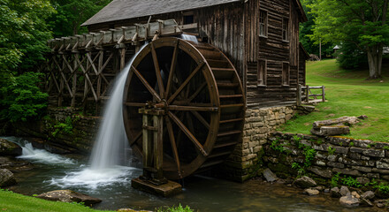 Scenic Old Mill With Waterwheel Generating Power From Flowing River