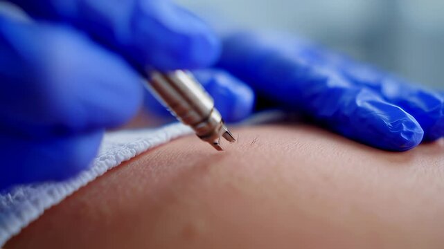 medical instrument touching skin during clinical procedure with blue gloves  
