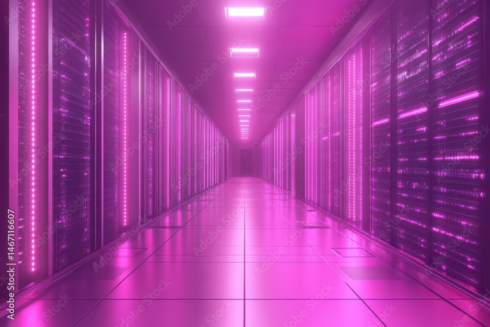 Aufkleber long server room aisle with pink lighting and gleaming floor panels. ideal for illustrating cloud co