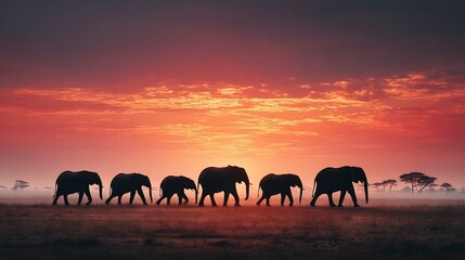 Fototapeta premium Majestic elephants silhouetted against a vibrant sunrise over the African savanna