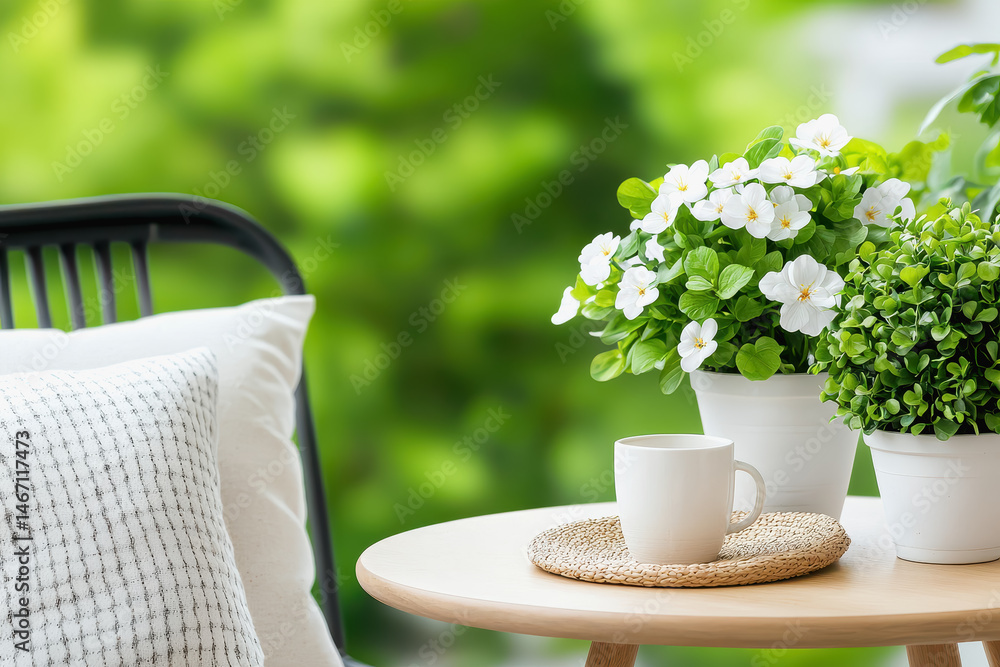 Poster a tastefully set table adorned with a beautiful pot of flowers creating a relaxing getaway atmospher