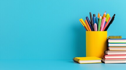 Fototapeta premium Colorful Pens Pencils and Notebooks on Blue Background