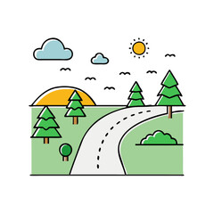 Scenic road trip landscape illustration with trees sun clouds and birds for travel designs and backgrounds