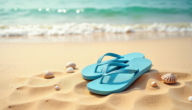 Blue flip flops resting on sandy beach with waves in background  
