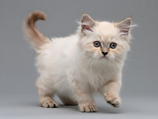 Graceful Stroll: A Fluffy Cat with Blue Eyes and a Poofy Tail Walking Forward