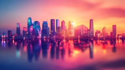 Fototapeta premium Vibrant city skyline reflected in calm water at sunset. (1)