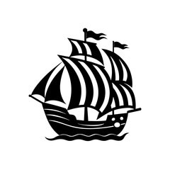 a pirate ship sailing on the high seas on white 