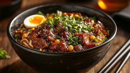 Fototapeta premium Hearty bowl of savory noodles with tender meat, a soft egg, and crunchy toppings