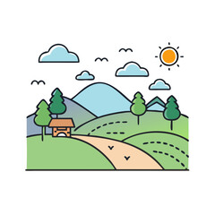 Fototapeta premium Scenic landscape illustration of mountains, trees, sun, clouds and a house in nature scenery vector