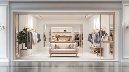 Elegant boutique storefront with clothing racks, seating, and minimalist decor.