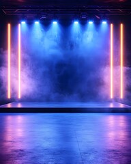 Neon-lit stage with smoke, vibrant blue and pink hues