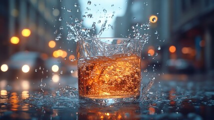 Whiskey glass splashes on wet street at night