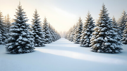 Fototapeta premium Snow-covered evergreens line a path, bathed in soft, morning sunlight. A serene winter wonderland scene