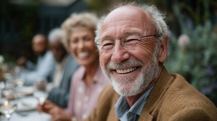 Obraz premium Seniors revel in each other's company during a jovial gathering outdoors, laughing and enjoying delightful conversations amidst a scenic backdrop of greenery