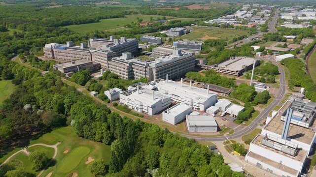 Aerial drone view GSK factory building manufacturing Pharmaceuticals England UK Stevenage UK