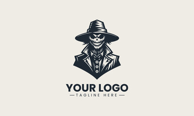 Grinning scarecrow with buttoned coat and spooky wide hat black and white vector illustration