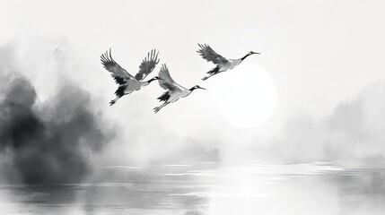 Obraz premium Sumi-e Ink Painting of Cranes Flying Over Water