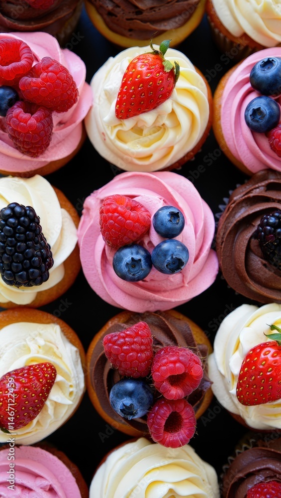 Poster a collection of cupcakes topped with berries and cream, arranged in rows on a tray.