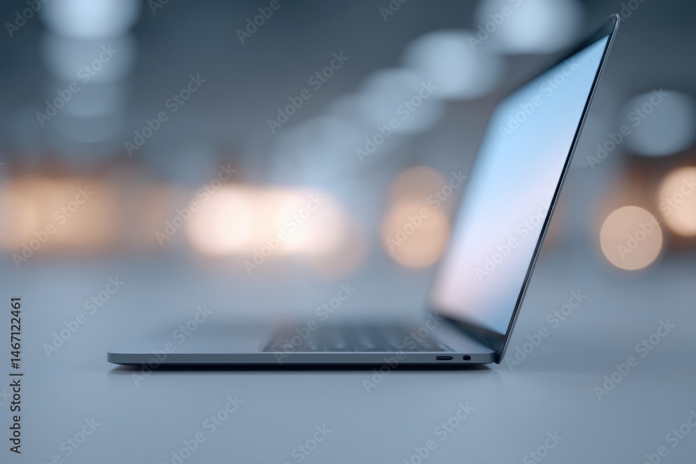 Poster close-up of laptop screen displaying virtual meeting interface with blurred participants in backgrou