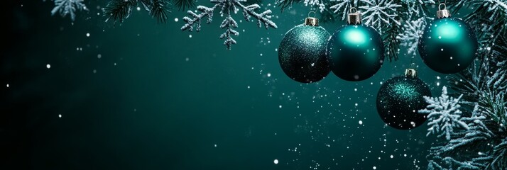 Fototapeta premium Teal Christmas ornaments on snowy branches
