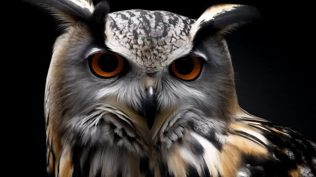 Majestic owl portrait against a dark background with detailed feathers and intense orange eyes looking directly ahead, facing the camera.